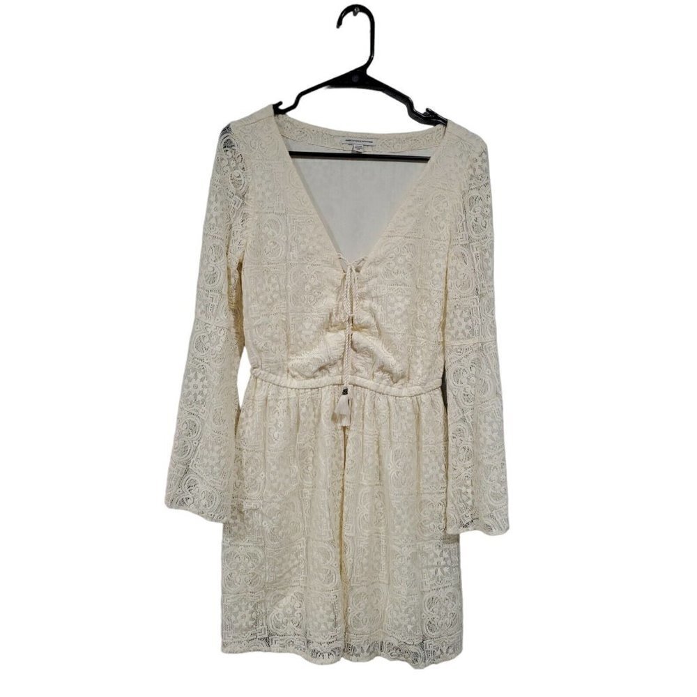 American Eagle Women's Cream Lace Fit & Flare Bell Sleeve Dress Size Sma…